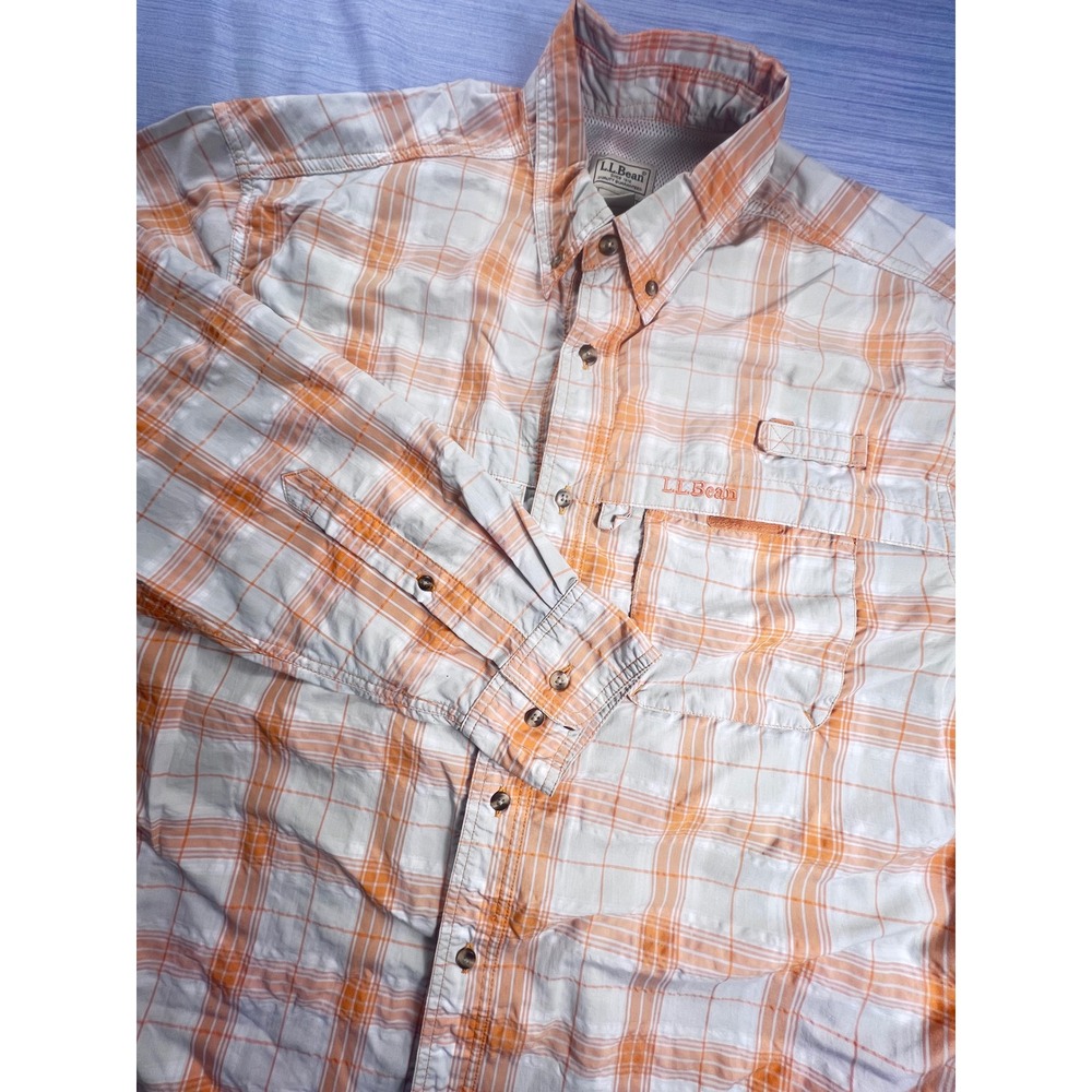 LL Bean Mens Technical Fishing Shirt Orange Plaid Vented L 299518